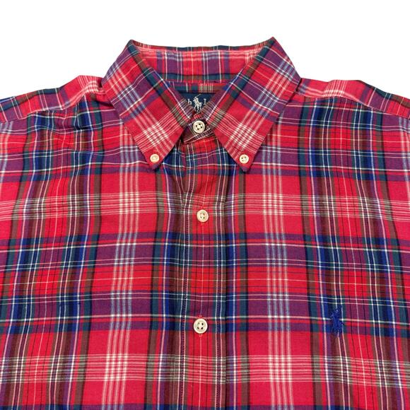 Ralph Lauren Shirt Men's Medium Blake Cotton‎ Short Sleeve Button Down Pink Blue - Picture 1 of 8